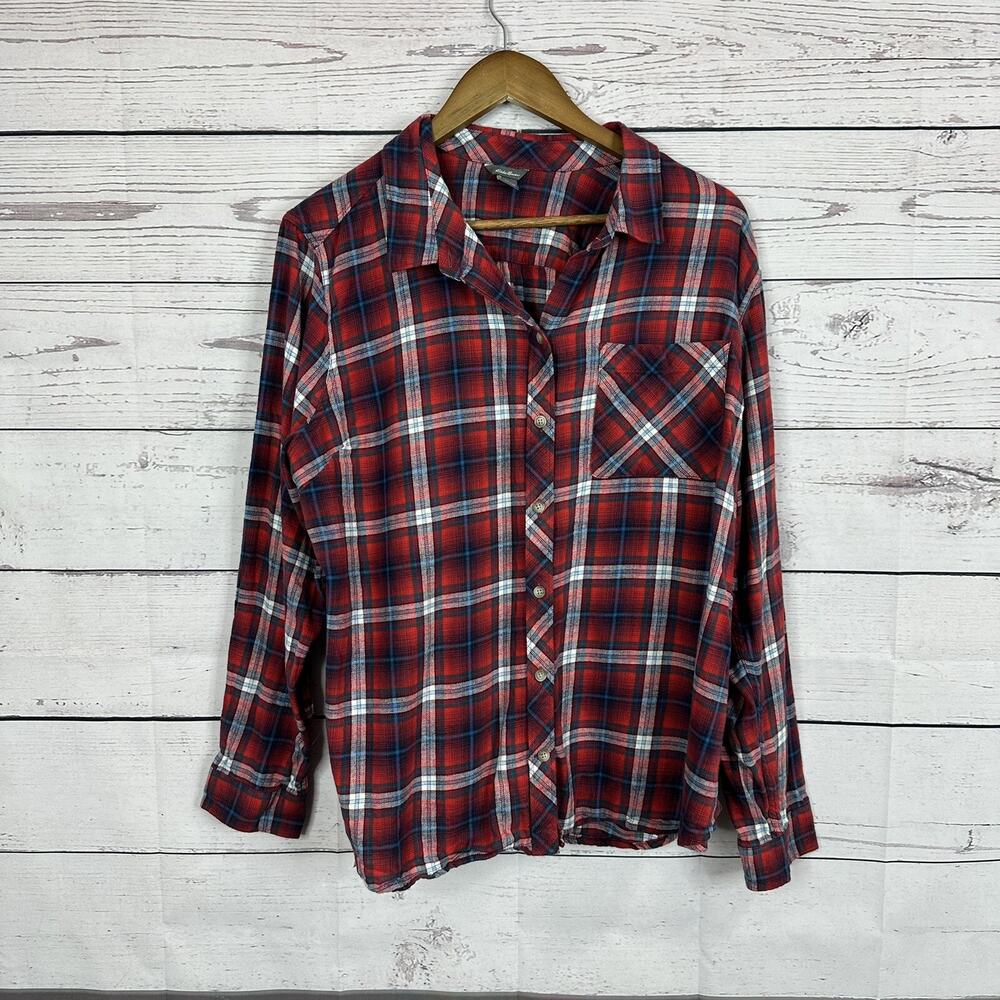 Eddie Bauer Shirt Womens 2XL Red Plaid Button Front Long Sleeve Fall Tartan